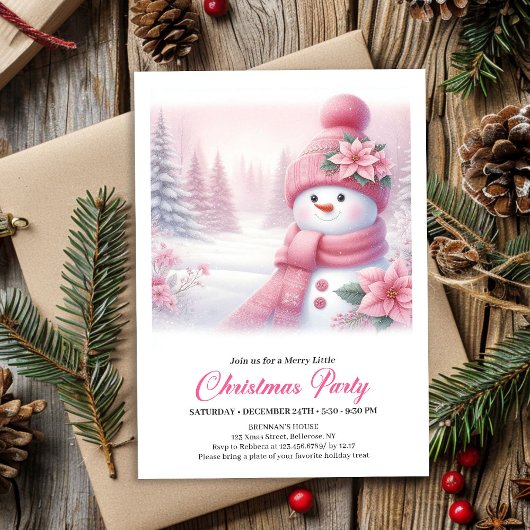 Invitation Gentle Pink Snowman Editable Christmas Invite