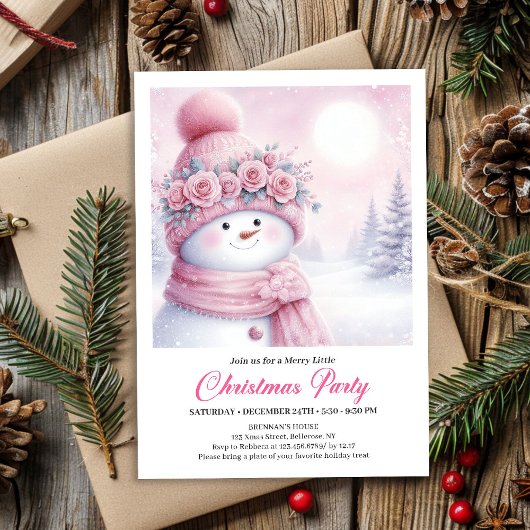 Invitation Gentle Pink Snowman Editable Kids Christmas Invite