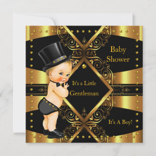 Invitation Gentleman Baby shower Gold Boy Tophat Blonde