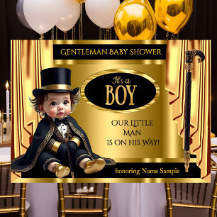 Invitation Gentleman Tophat Baby shower Black Gold Draps