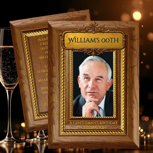 Invitation Gentlemen Elegant Rustic Gold Wood Photo Birthday