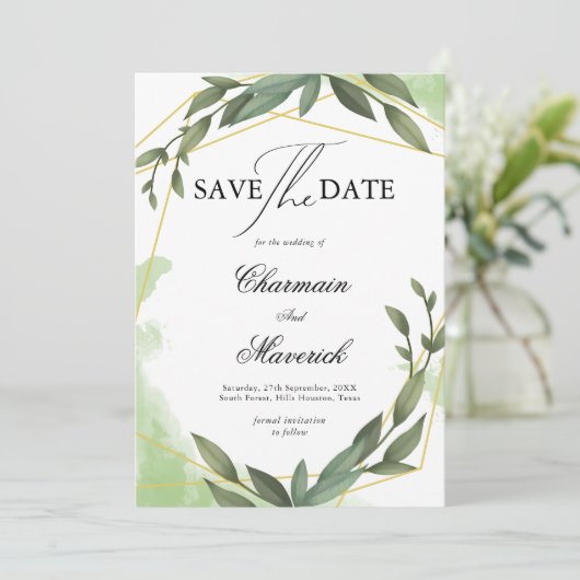 Invitation Geo Frame vert feuille Eucalyptus Enregistrer la d (Debout devant)