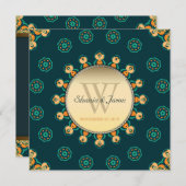 Invitation Geo Gems Circle Monogramme Turquoise Mariage or (Devant / Derrière)
