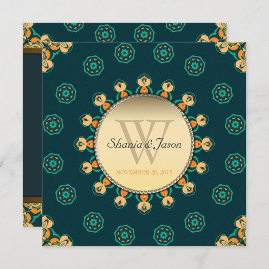 Invitation Geo Gems Circle Monogramme Turquoise Mariage or (Devant / Derrière)