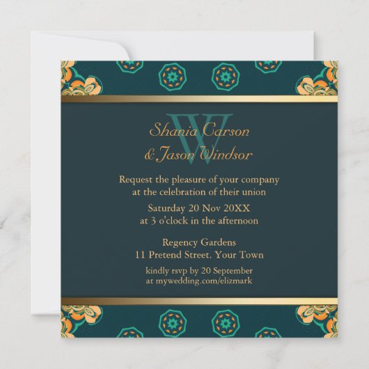Invitation Geo Gems Circle Monogramme Turquoise Mariage or (Dos)