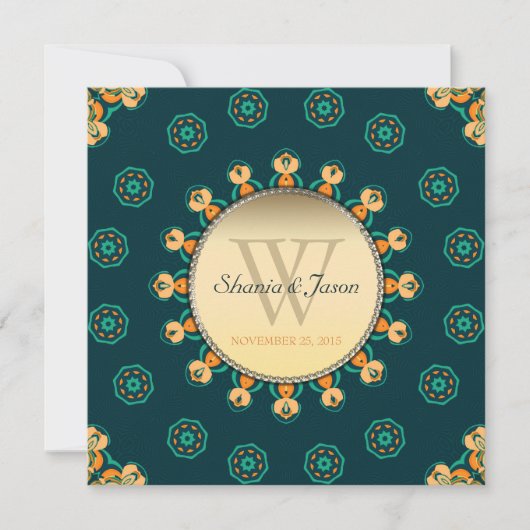 Invitation Geo Gems Circle Monogramme Turquoise Mariage or (Devant)