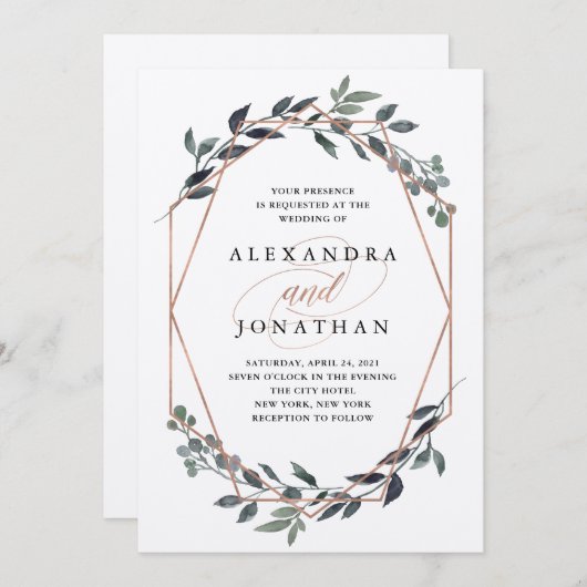 Invitation Geo Kraft verdoyant | Mariage or Rose (Devant / Derrière)