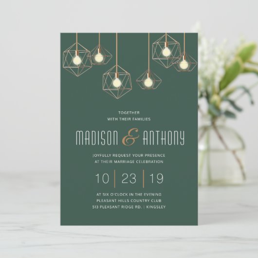 Invitation Geo Lights Emerald Green Moderne Mariage géométriq (Debout devant)