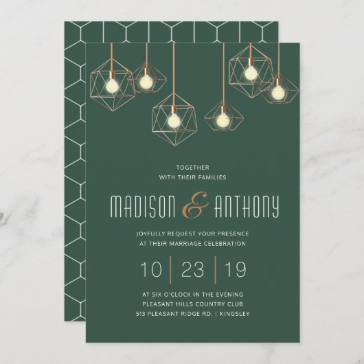 Invitation Geo Lights Emerald Green Moderne Mariage géométriq (Devant / Derrière)