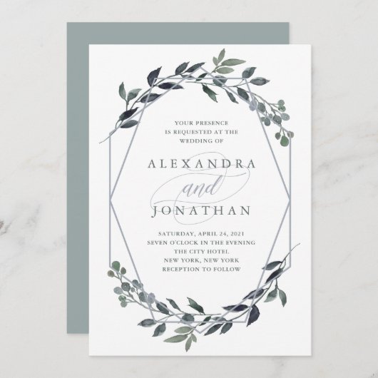 Invitation Geo vert | Mariage argenté (Devant / Derrière)
