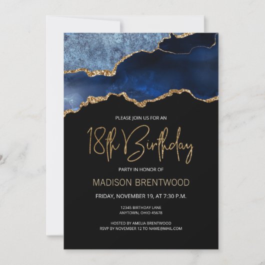 Invitation Géode Agate Blue Gold 18e fête d'anniversaire (Devant)