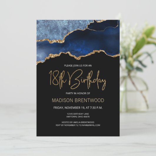 Invitation Géode Agate Blue Gold 18e fête d'anniversaire (Debout devant)