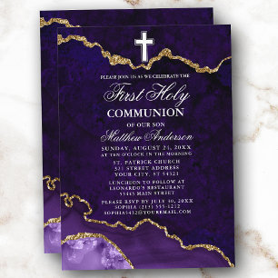 Invitation Géode Agate de marbre pourpre Première communion s