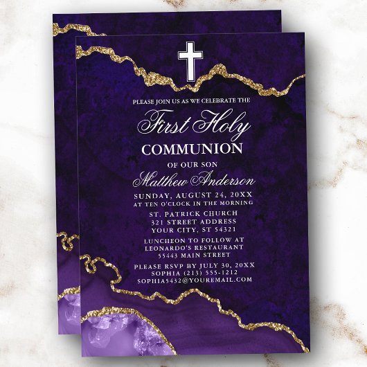 Invitation Géode Agate de marbre pourpre Première communion s