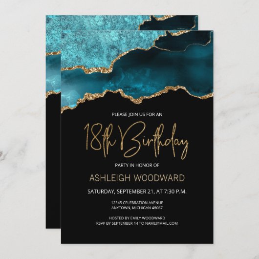 Invitation Géode Agate Gold Turquoise 18e fête anniversaire (Devant / Derrière)