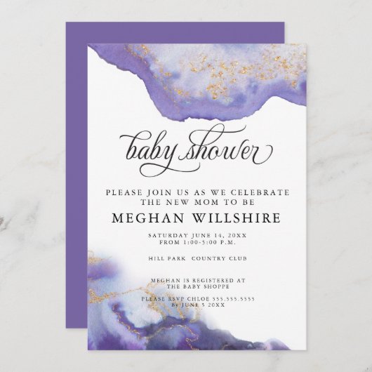 Invitation Géode Améthyste baby shower (Devant / Derrière)