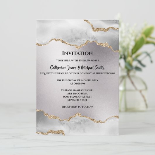 Invitation Géode aquarelle or argent agate mariage (Debout devant)