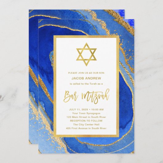Invitation Géode bleu et or | Étoile de David Bar Mitzvah (Devant / Derrière)