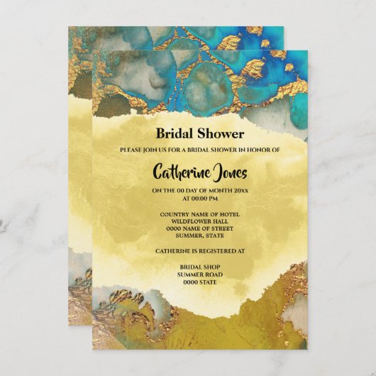 Invitation Géode chic or bleu agate aquarelle mariée (Devant / Derrière)