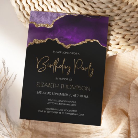 Invitation Géode d'agate dorée violette pour anniversaire tou