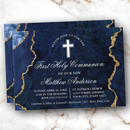 Invitation Géode d'âge en marbre bleu or Première communion
