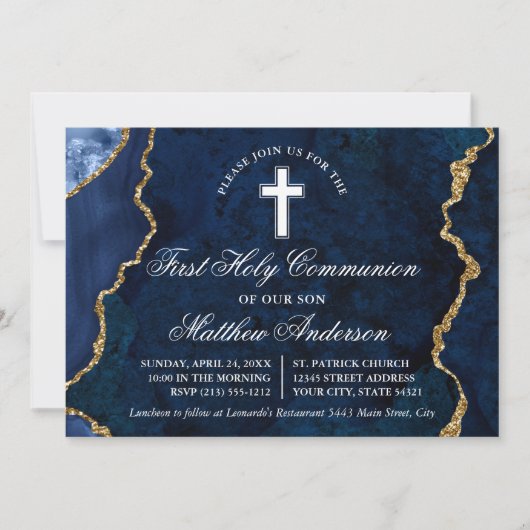 Invitation Géode d'âge en marbre bleu or Première communion (Devant)
