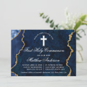 Invitation Géode d'âge en marbre bleu or Première communion (Debout devant)