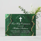 Invitation Géode d'âge en marbre vert or Première communion (Debout devant)