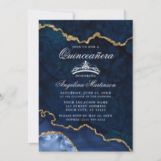 Invitation Géode d'âge marbré bleu Quinceanera (Devant)