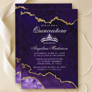 Invitation Géode d'âge marbré or violet Quinceanera