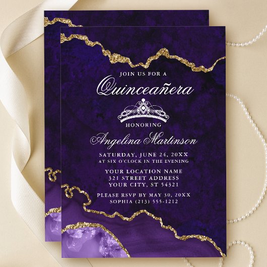 Invitation Géode d'âge marbré or violet Quinceanera
