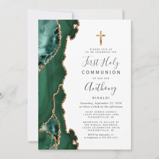 Invitation Géode d'âge Or vert Première communion sainte (Devant)