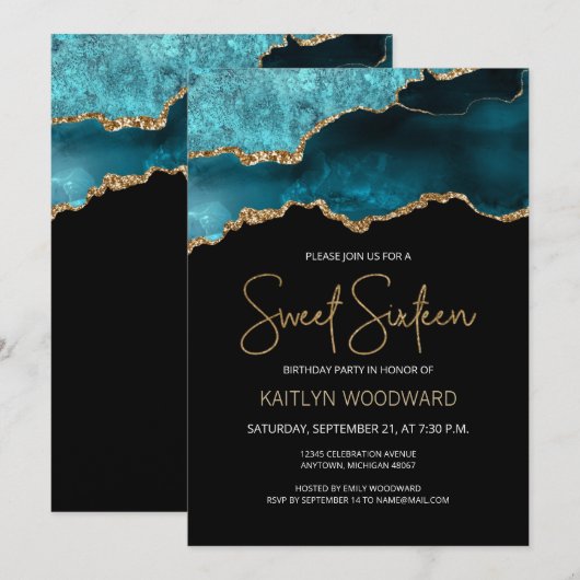 Invitation Géode d'âge Turquoise or foncé doux 16 fête d'anni (Devant / Derrière)