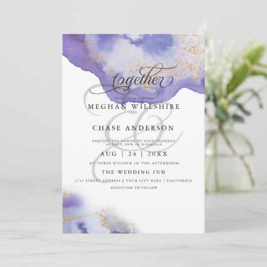 Invitation Géode d'aquarelle Améthyste moderne BarefootBride™ (Debout devant)