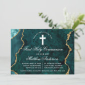 Invitation Géode de marbre doré turquoise Première communion (Debout devant)
