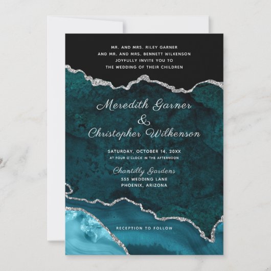 Invitation Géode de Parties scintillant en argent turquoise M (Devant)