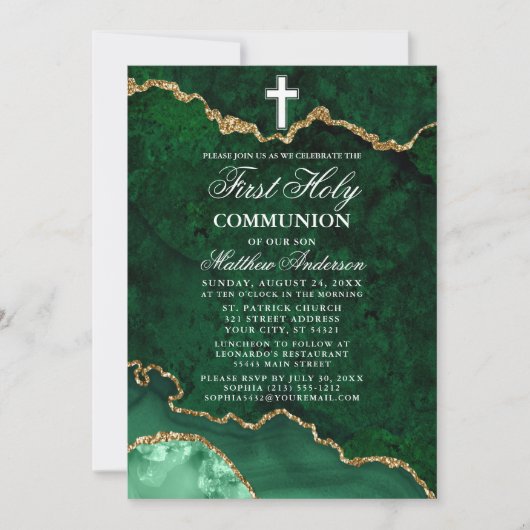 Invitation Géode en marbre vert photo Première communion sain (Devant)