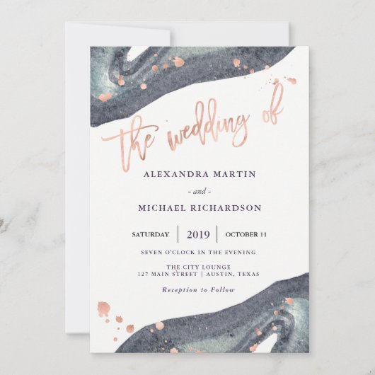 Invitation Géode gris et or Rose Faux| Mariage (Devant)