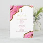 Invitation Géode rose Agate Gold Cross Baptême Christening (Debout devant)