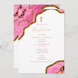 Invitation Géode rose Agate Gold Cross Baptême Christening