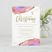 Invitation Géode rose et bleu avec Croix d'or| Brise (Debout devant)