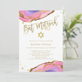 Invitation Géode rose et bleu avec or | BAT MITZVAH (Debout devant)