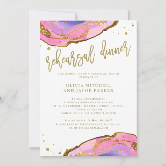 Invitation Géode rose et bleu avec or | Dîner de répétition (Devant)