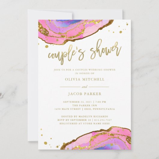 Invitation Géode rose et bleu avec or | Douche Couples (Devant)