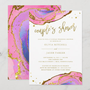 Invitation Géode rose et bleu avec or Douche Couples