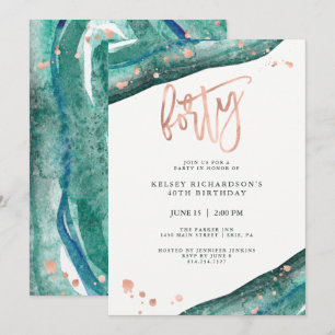 Invitation Géode turquoise et Faux Rose Gold Look Anniversa