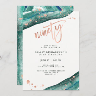Invitation Géode Turquoise et look or Rose Faux  90e annivers