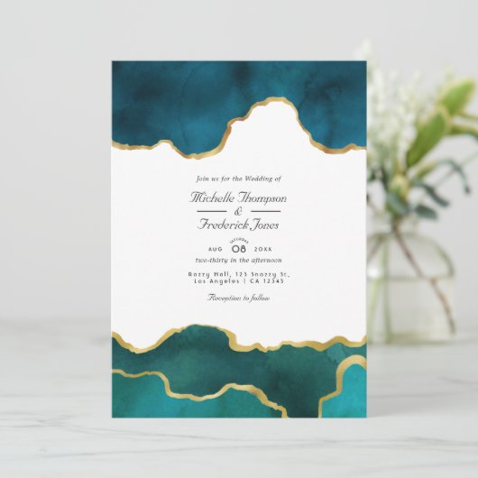 Invitation Géode turquoise et or Agate Pierre Code QR Mariage (Debout devant)