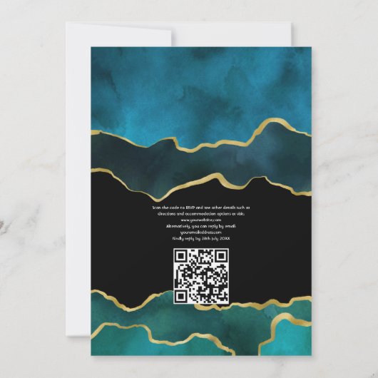 Invitation Géode turquoise et or Agate Pierre Code QR Mariage (Dos)