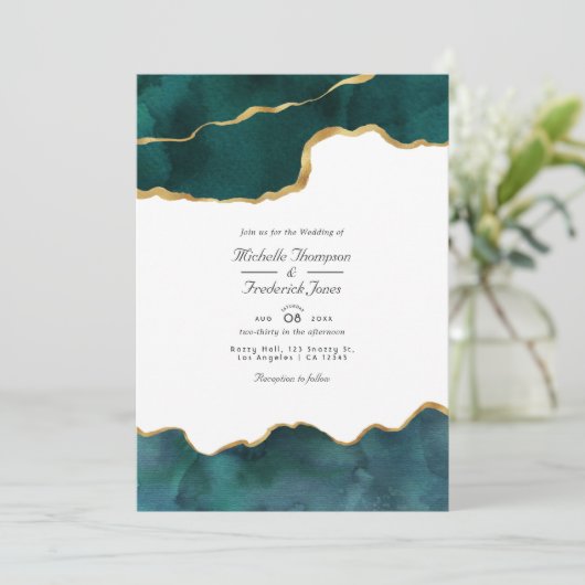 Invitation Géode turquoise et or Agate QR Code RSVP Mariage (Debout devant)